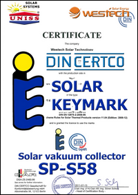 Sertifikat SOLAR KEYMARK - Solarni vakuumski kolektori WesTech Solar SP-S58 - Uniss Com Lab Srbija