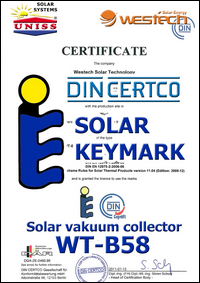 Sertifikat SOLAR KEYMARK - Solarni vakuumski kolektori WesTech Solar WT.B58 - Uniss Com Lab Srbija
