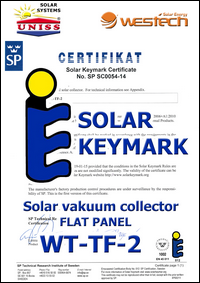 Sertifikat SOLAR KEYMARK - Solarni vakuumski kolektori WesTech Solar WT-TF-2 - Uniss Com Lab,
 Srbija