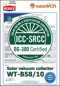 Sertifikat SRCC - OG 100 - Solarni vakuumski kolektori WesTech Solar WT-B58/10 - Uniss Com Lab,
 Srbija
