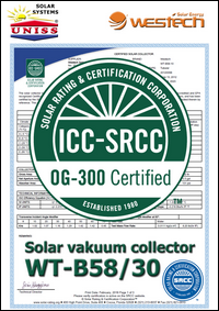 Sertifikat SRCC - OG 100 - Solarni vakuumski kolektori WesTech Solar WT-B58/30 - Uniss Com Lab,
 Srbija