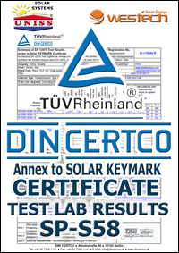 Test Lab DIN CERTCO Institut,
 Nemačka - Solarni vakuumski kolektori WesTech Solar SP-S58 - Uniss Com Lab,
 Srbija