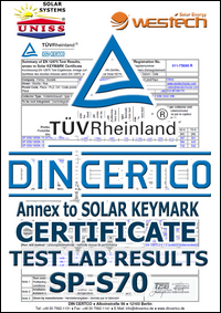Test Lab DIN CERTCO Institut,
 Nemačka - Solarni vakuumski kolektori WesTech Solar SP-S70 - Uniss Com Lab,
 Srbija