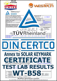 Test Lab DIN CERTCO Institut,
 Nemačka - Solarni vakuumski kolektori WesTech Solar WT-B58 - Uniss Com Lab,
 Srbija