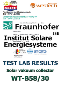 Test Lab FRAUNHOFER Institut Solare Energie Systeme,
 Nemačka - Solarni vakuumski kolektori WesTech Solar WT-B58/30 - Uniss Com Lab,
 Srbija