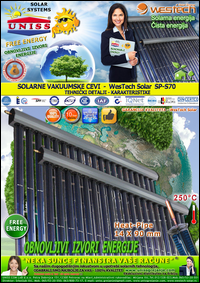 SOLARNE VAKUUMSKE CEVI - Solarni vakuumski kolektori - Solarno grejanje vode,
 kuce,
 bazena - WesTech Solar SP-S70 - Tehnicki detalji - Karakterisike